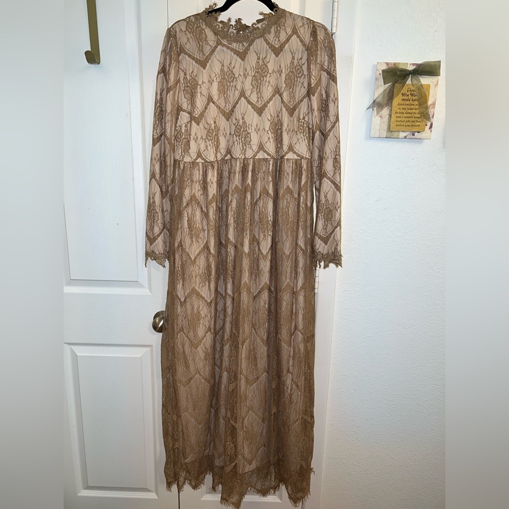 Dainty Jewell’s Tan & Nude Formal Maxi Lace Dress